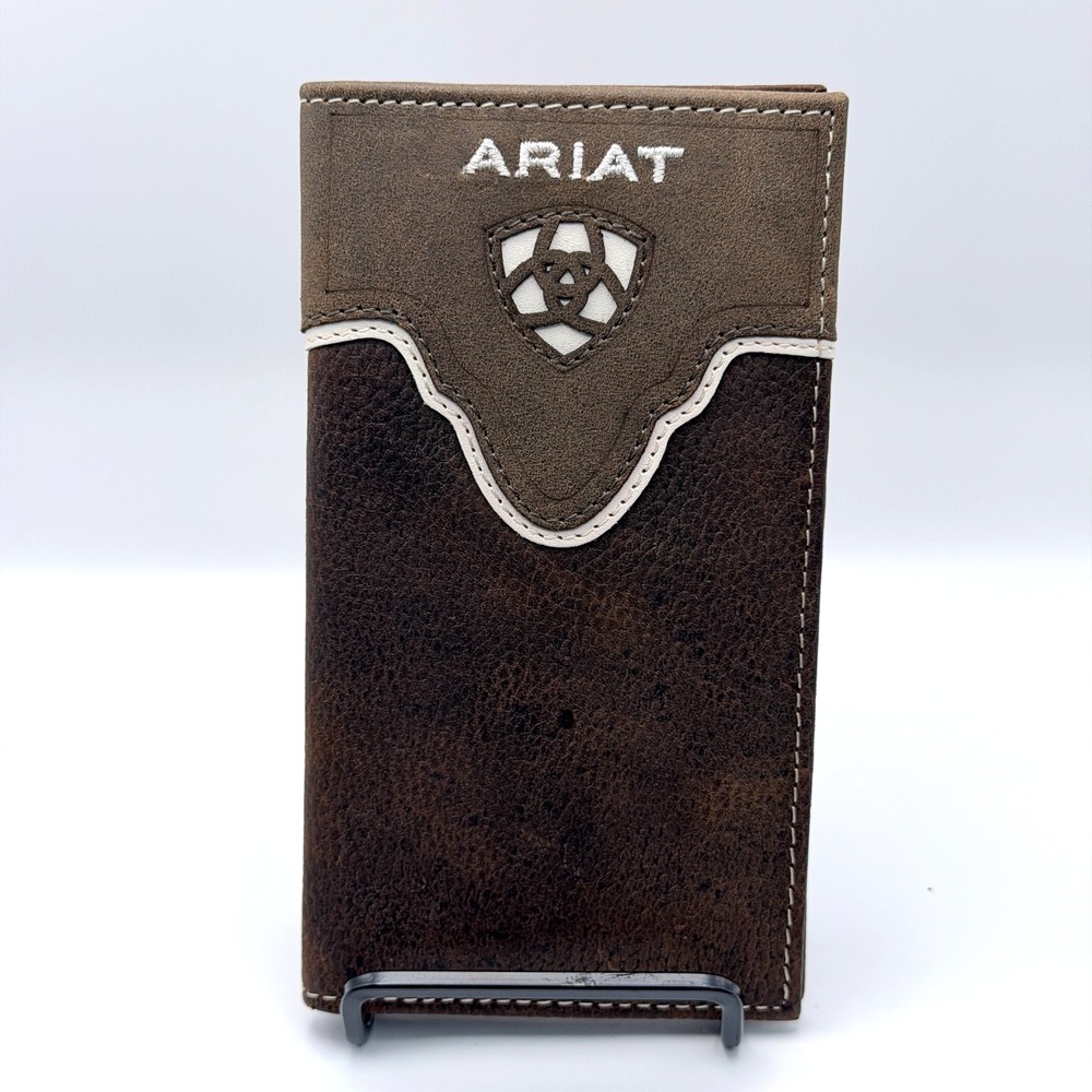 Ariat Men's Rodeo Wallet Brown Two-Tone Leather White Shield Inlay Western